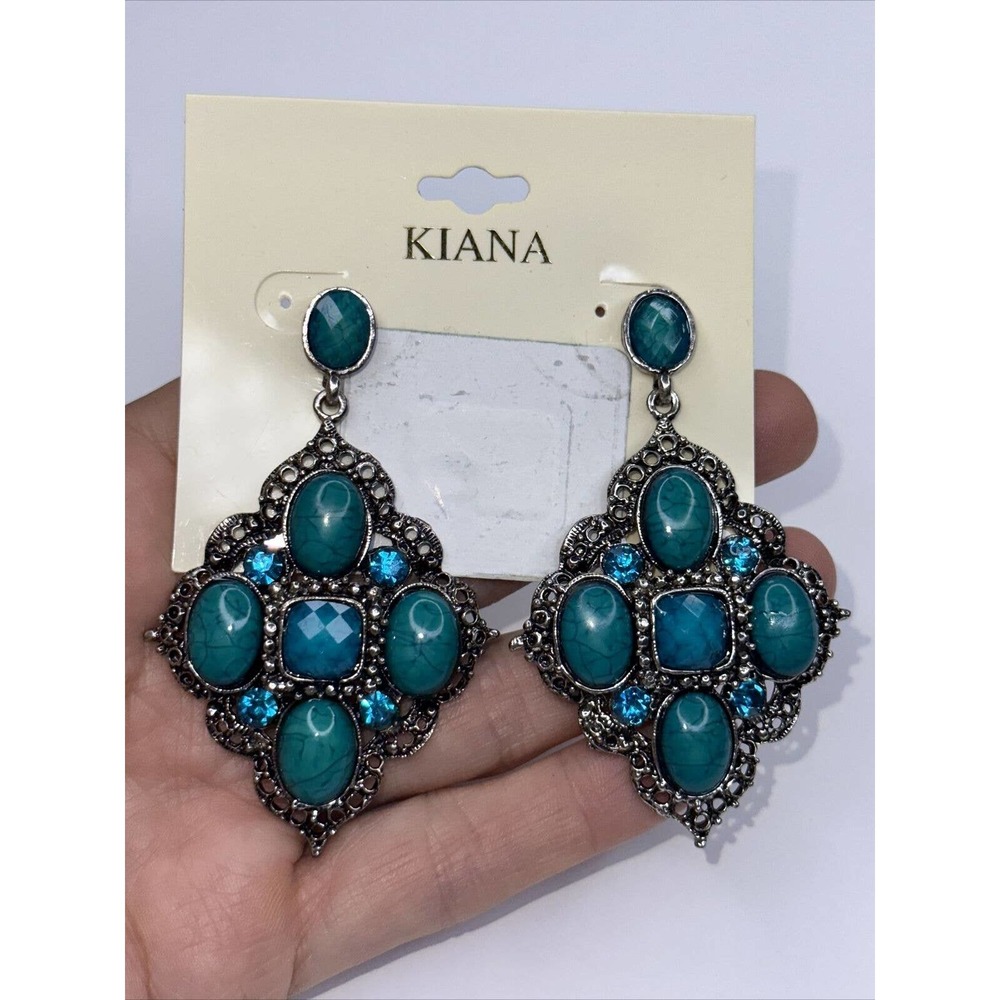 Kiana Dangle Statement Earrings Faux turquoise Silver Tone Ornate Post